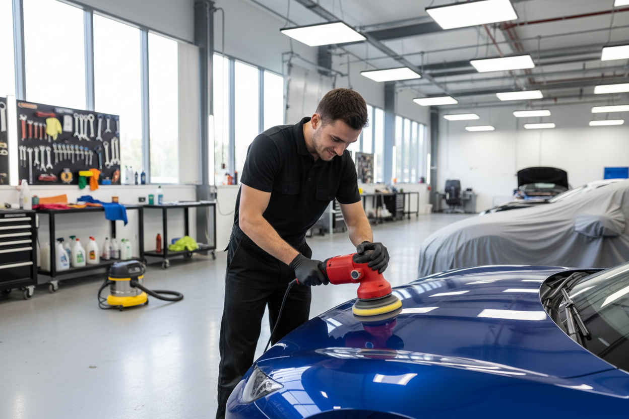Persona che lucida una auto blu con una lucidatrice rossa
