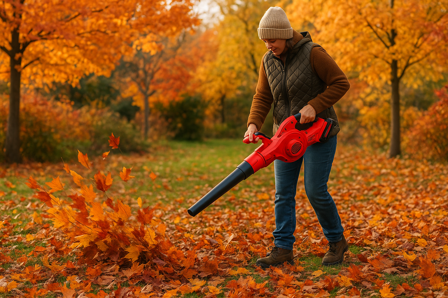 una persona che sta lavorando in un giardino autunnale aiutandosi con un soffiatore per foglie a batteria di colore rosso
